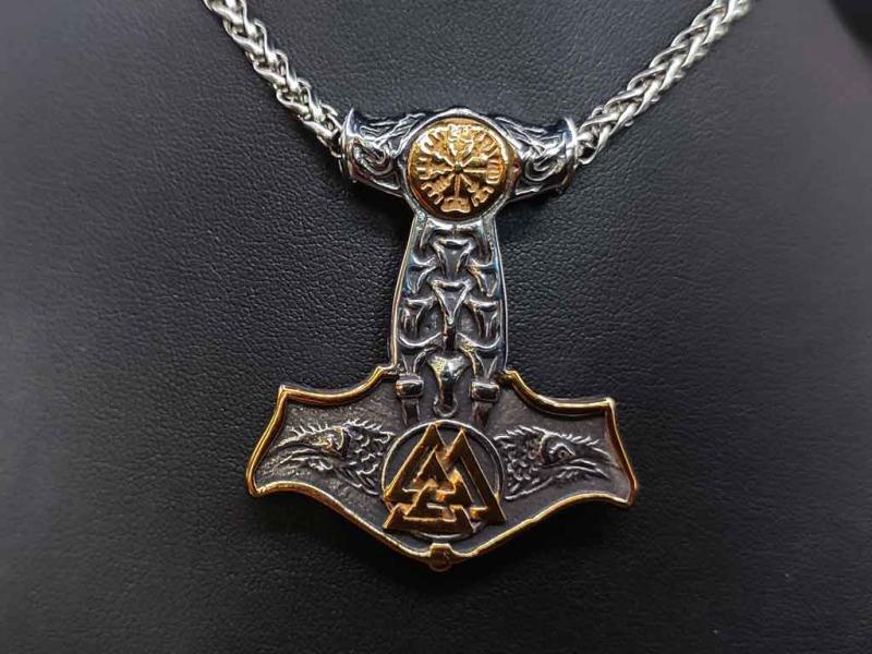 Thors Hammer Anhänger mit Valknut & Aegishjalmur