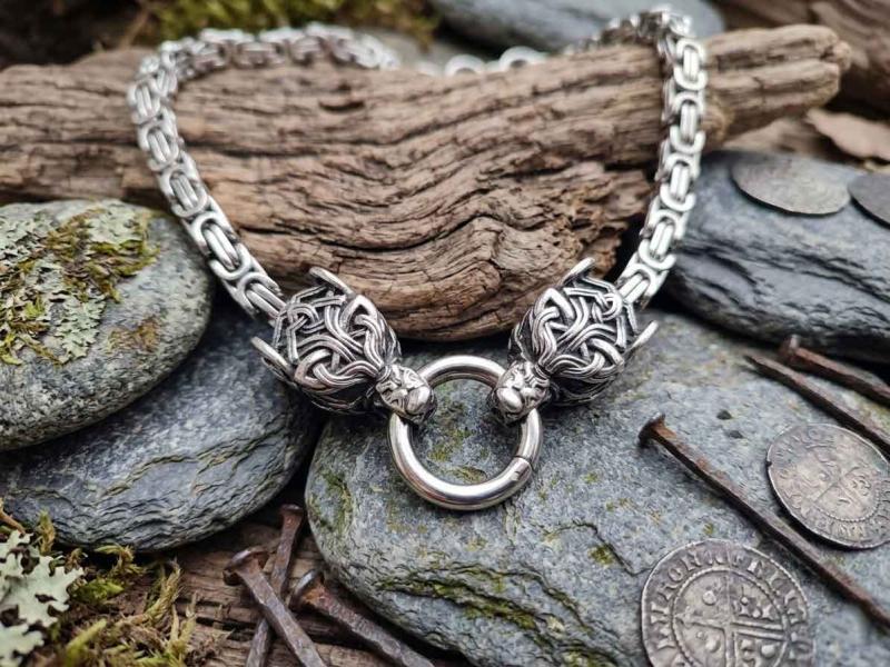 Celtic stainless steel necklace with double wolf heads