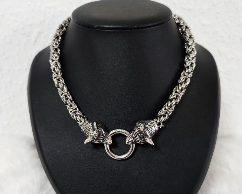 Byzantine stainless steel chain with imposing wolf heads