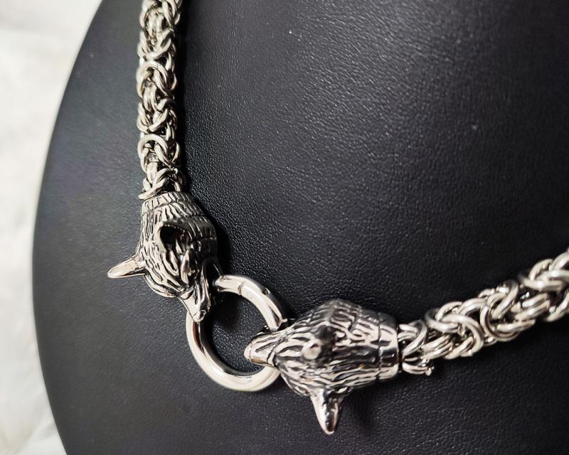 Byzantine stainless steel chain with imposing wolf heads