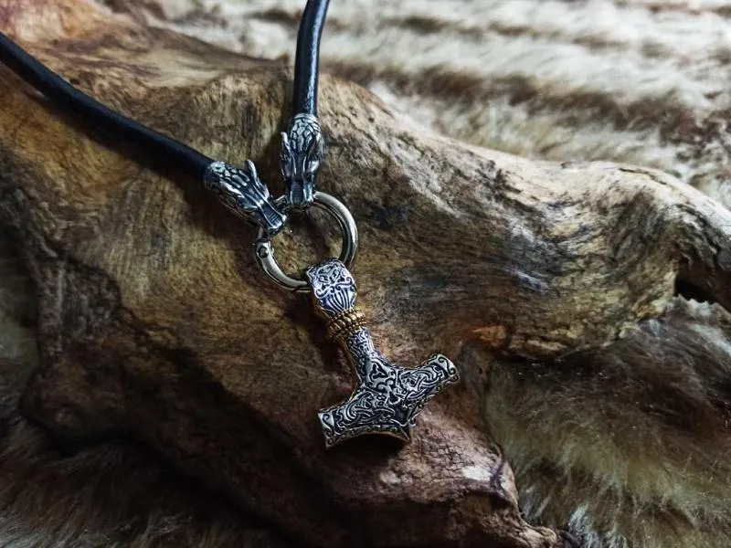 Mjölnir on stainless steel wolf leather chain