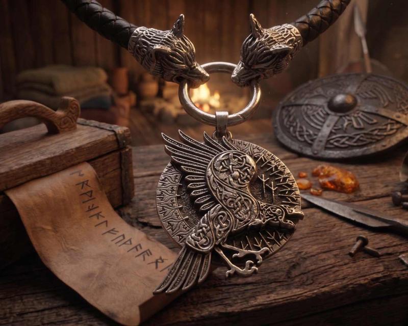 Thick wolf leather chain with rune raven