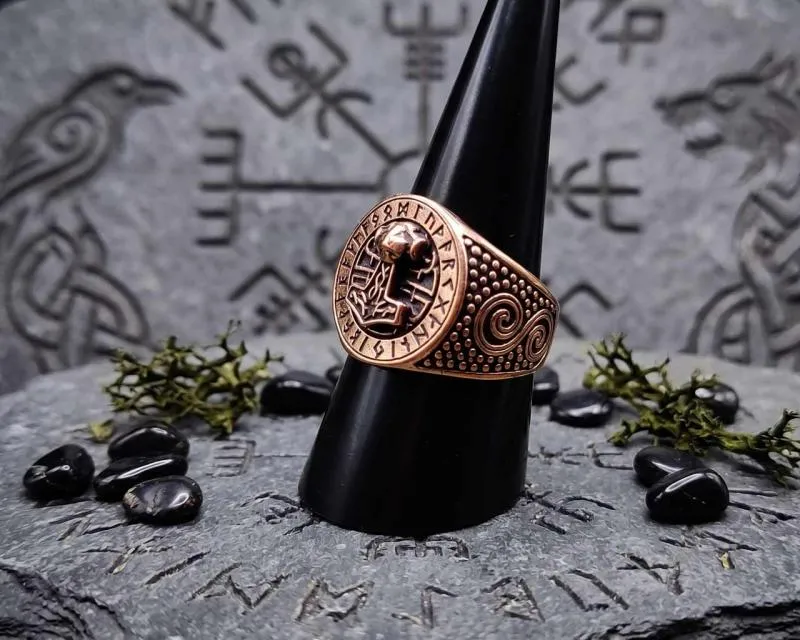 Bronze ring Thor's hammer in a runic circle