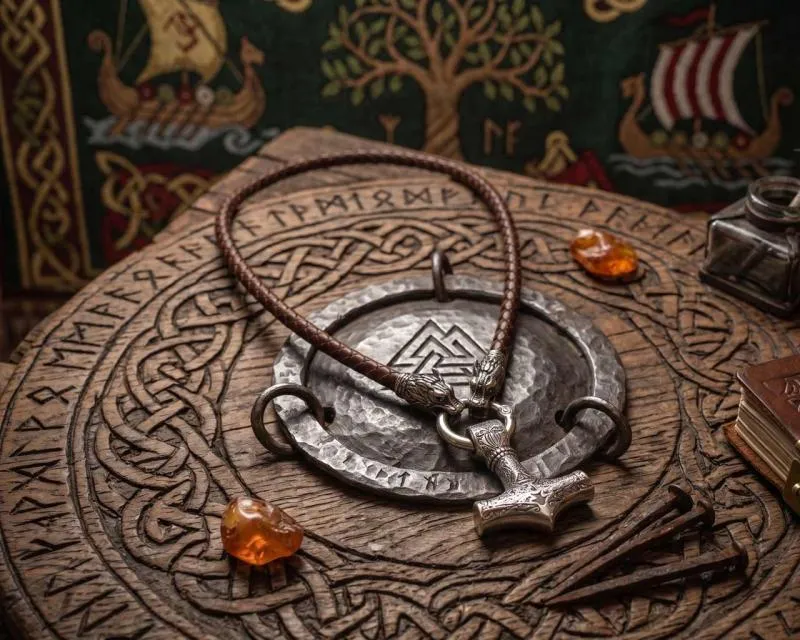 Wolf leather chain Thor's hammer