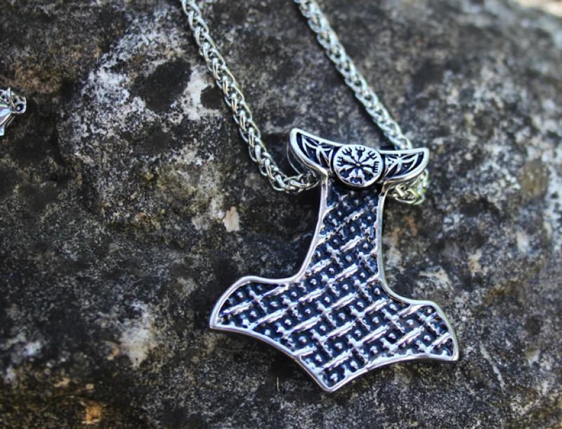 Edelstahl Thorhammer mit Raben und Vegvisir