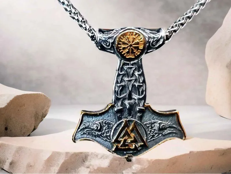 Thors Hammer Anhänger mit Valknut & Aegishjalmur Thors Hammer Anhänger mit Valknut & Aegishjalmur