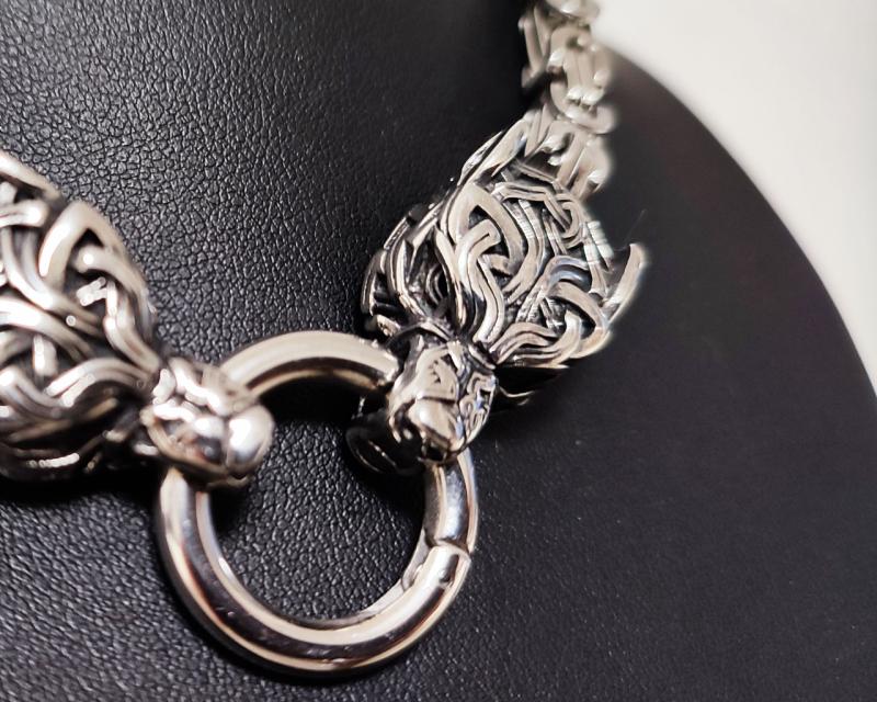 Celtic stainless steel necklace with double wolf heads