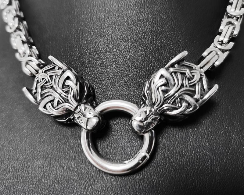 Celtic stainless steel necklace with double wolf heads