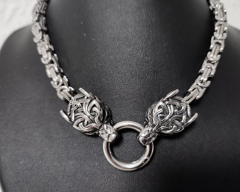 Celtic stainless steel necklace with double wolf heads