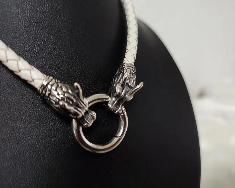 White Leather Necklace with Wolf Heads – Elegant, Unique & Nordic Inspired