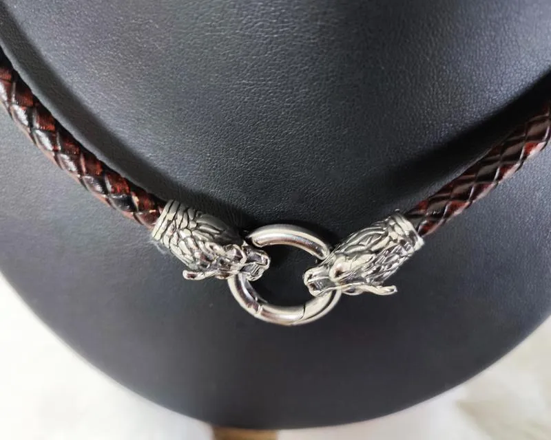 Dark Brown Wolf Head Leather Necklace – Nordic Stainless Steel Wolves