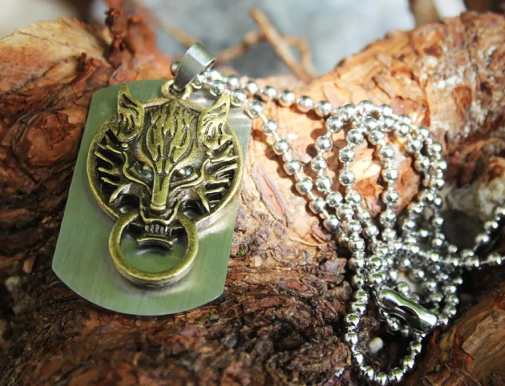 Stainless steel dog tag with bronze fenris wolf