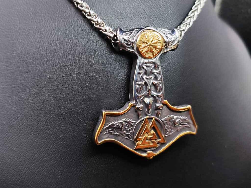 Thors Hammer Anhänger mit Valknut & Aegishjalmur