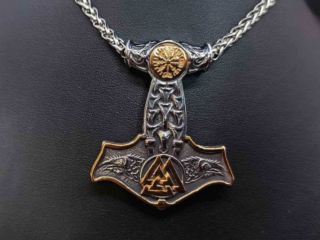 Thors Hammer Anhänger mit Valknut & Aegishjalmur
