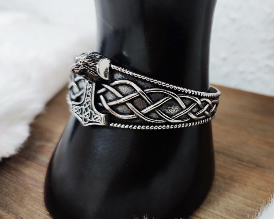 Edelstahl Armreif – Thorhammer mit Löwenkopf