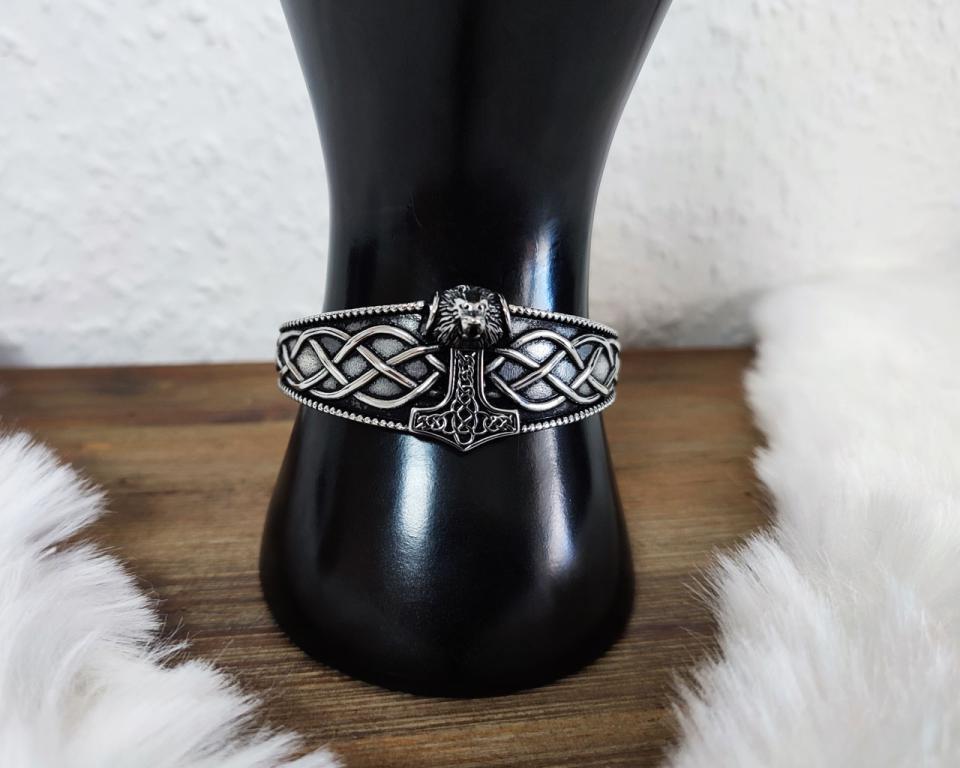 Edelstahl Armreif – Thorhammer mit Löwenkopf