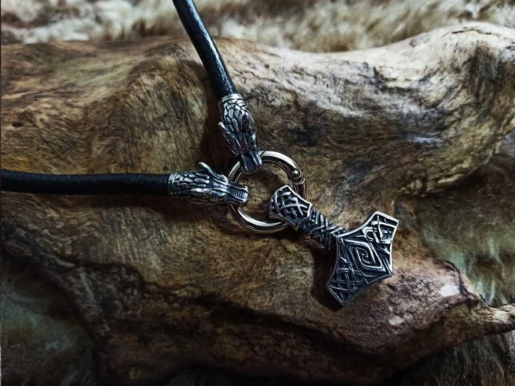 Stainless steel Thor's hammer on Wolf leather chain