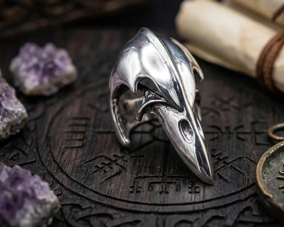 Large massive raven skull ring