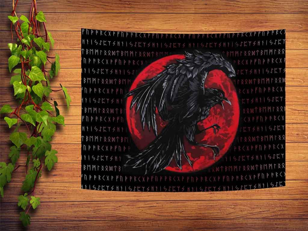 Mystisches Rabe, Blutmond und Runen Wandtuch