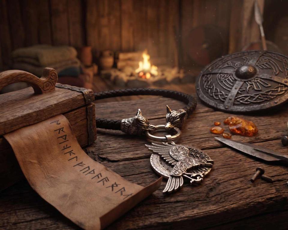Thick wolf leather chain with rune raven