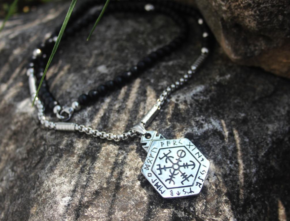 Schutz - Galdrstrafir an Achat - Edelstahlkette