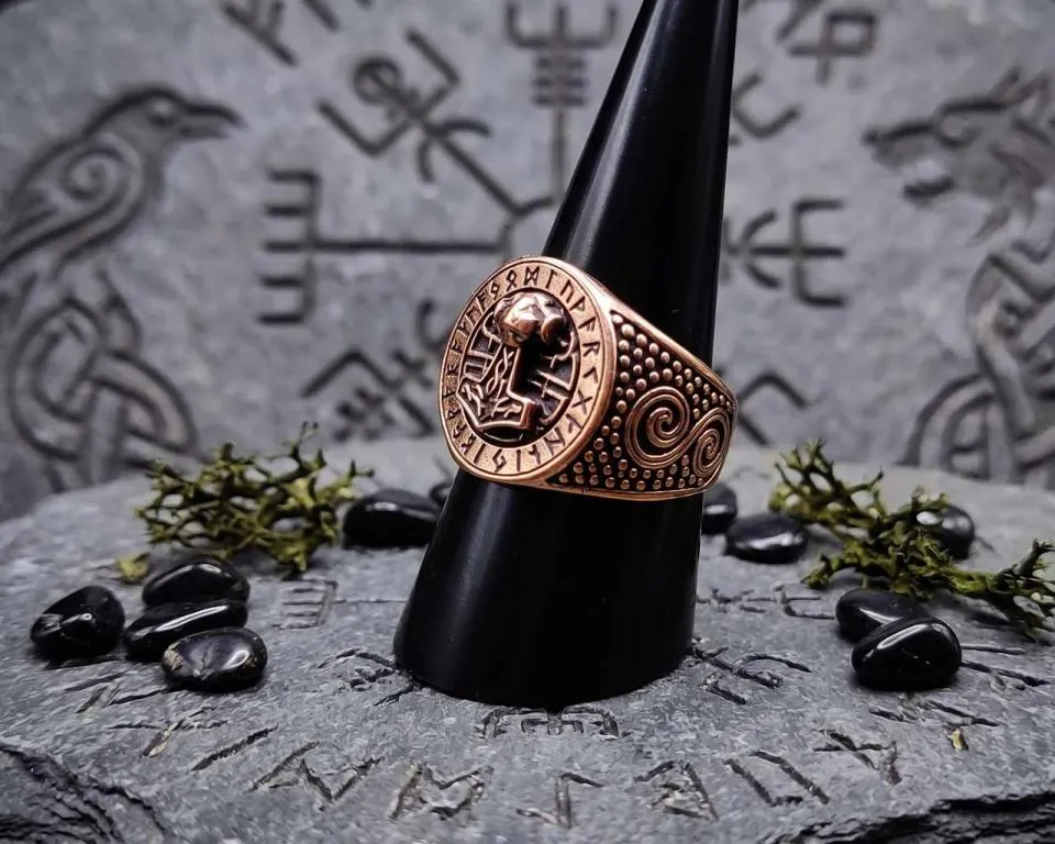 Bronze ring Thor's hammer in a runic circle