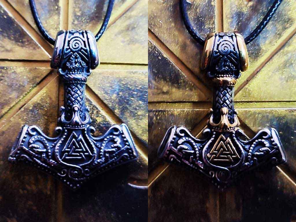 2Runen - Valknut Edelstahl Thorhammer in silber und silber/gold