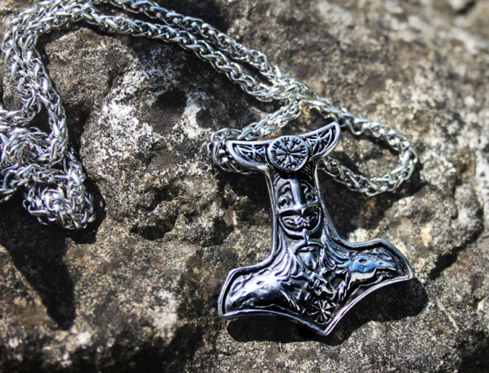 Edelstahl Thorhammer mit Raben und Vegvisir