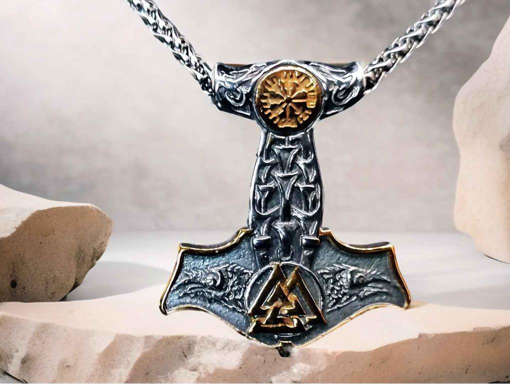 Thors Hammer Anhänger mit Valknut & Aegishjalmur