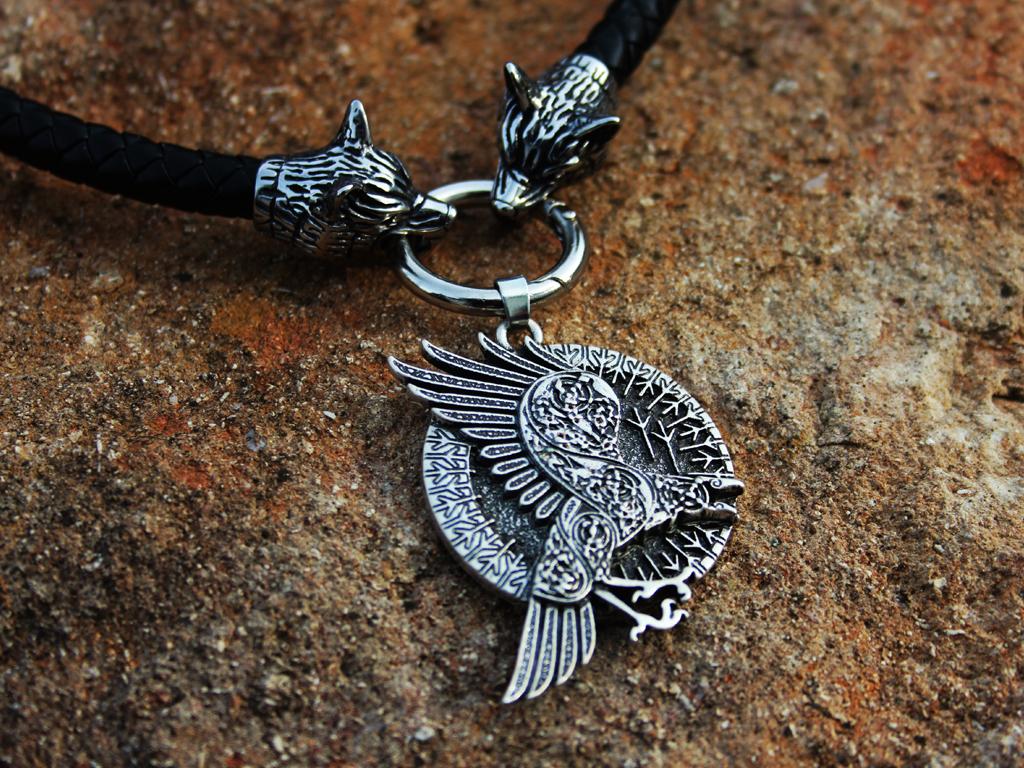 Thick wolf leather chain with rune raven