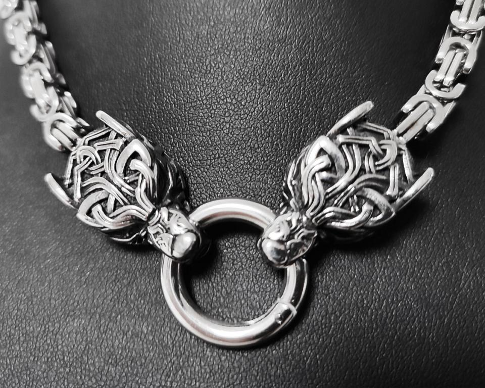 Celtic stainless steel necklace with double wolf heads