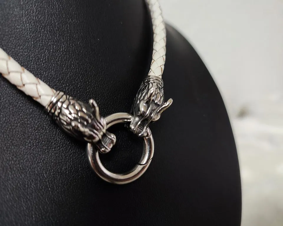 White Leather Necklace with Wolf Heads – Elegant, Unique & Nordic Inspired