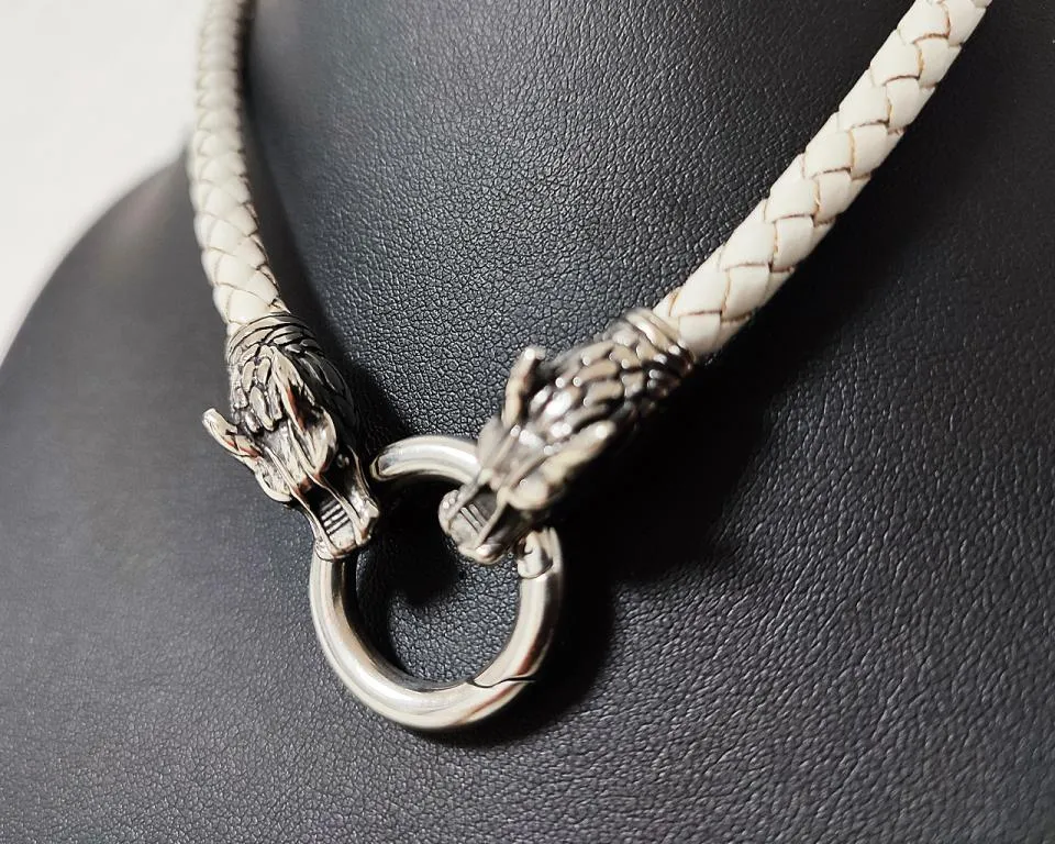 White Leather Necklace with Wolf Heads – Elegant, Unique & Nordic Inspired