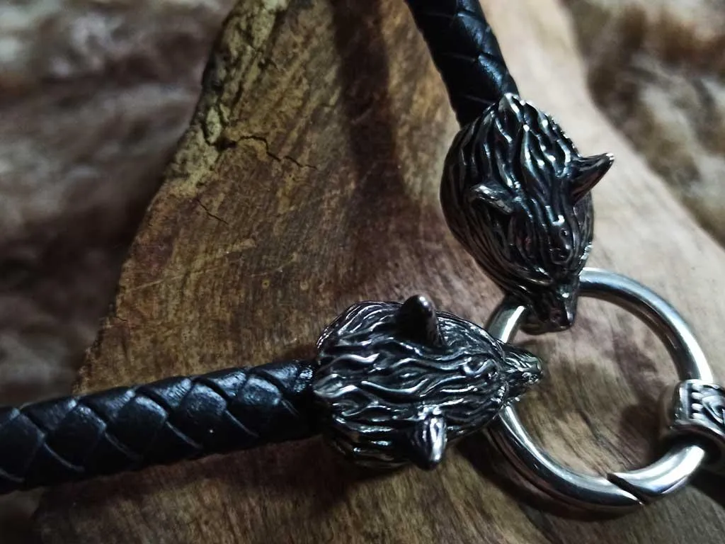 Viking pendant on wolf head leather chain