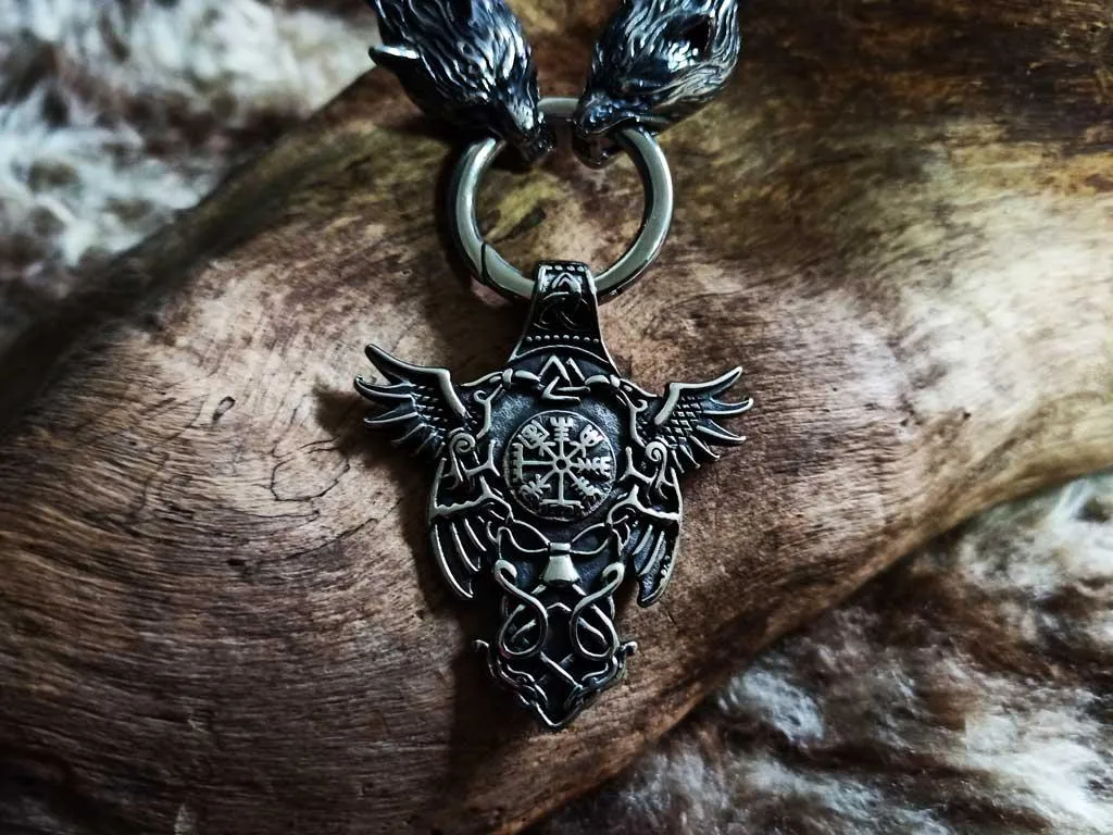 Viking pendant on wolf head leather chain