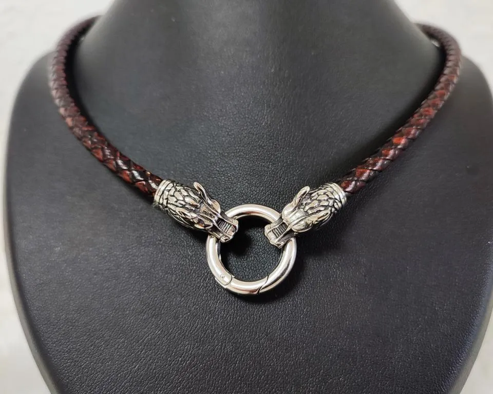 Dark Brown Wolf Head Leather Necklace – Nordic Stainless Steel Wolves