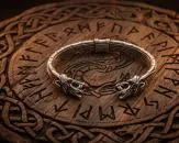 iking bangle with Viking knots and wolf heads in stainless steel