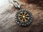 Golden Vegvisir in a rune circle made of stainless steel