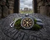 Goldenes Vegvisir im Runenkreis in Edelstahl gefertigt